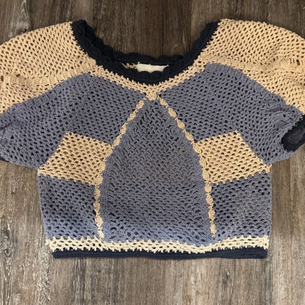 Cleobella Blue and Cream Crochet Crop Top crochet/woven Small